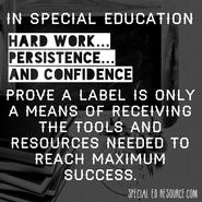 Quote that reads, "In special education hard work, persistence, and confidence prove a label is only a means of receiving the tools and resources needed to reach maximum success."